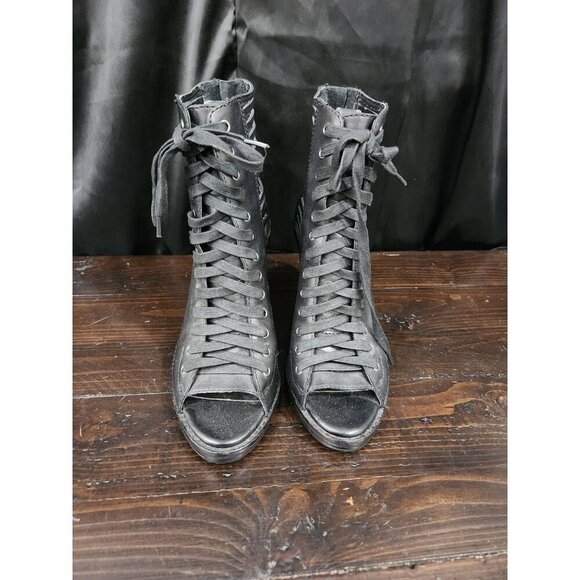 BCBGMaxazria Malbon Black Leather Curt-out Wedge Booties/Sz. 7.5M - Picture 5 of 10